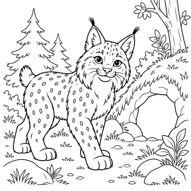 Desenho para colorir de gato selvagem na floresta