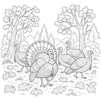 Coloriage Dindons Sauvages dans la Forêt d'Automne