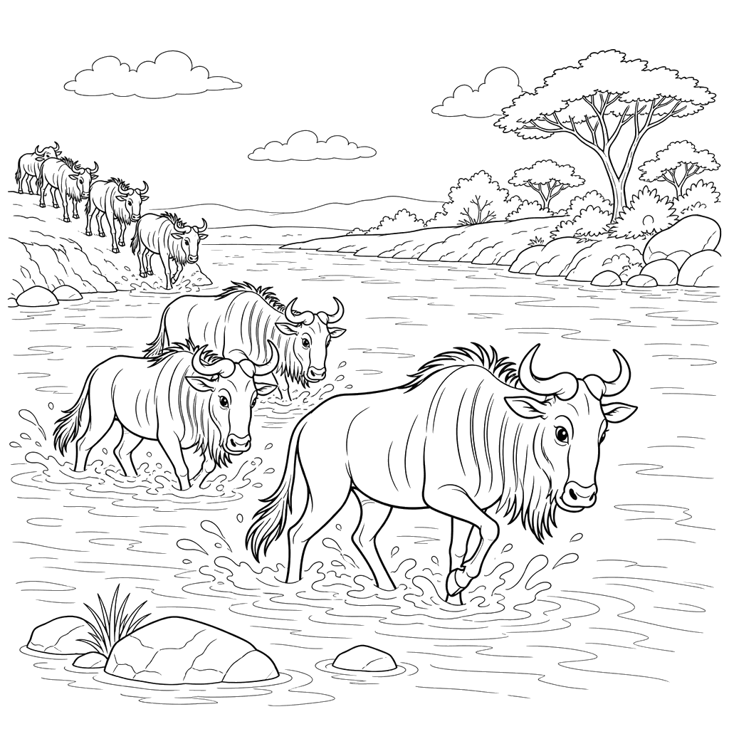 Gnus überqueren den Fluss Ausmalbild