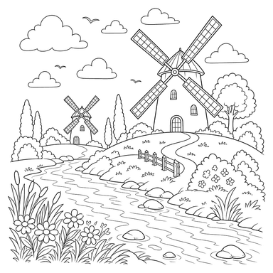 Moulins à vent sur la colline près de la rivière