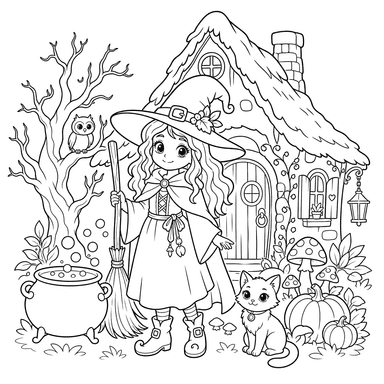 Hexe bei alter Hütte — Ausmalbild