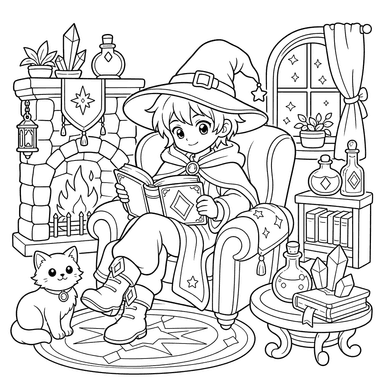 Mago junto a la chimenea con libro