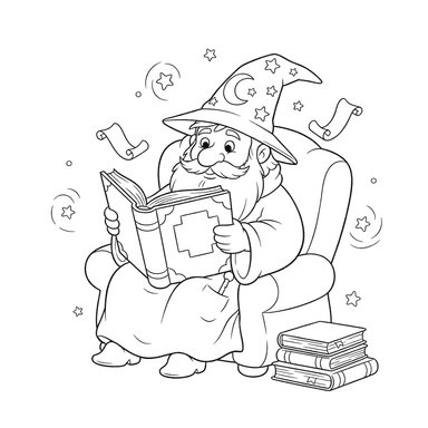 Coloriage Magicien lisant un livre ancien