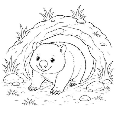 Dibujo para colorear de Wómbat saliendo de su madriguera