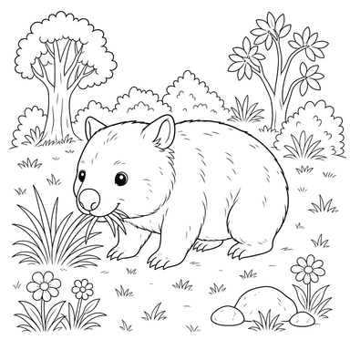 Dibujo para colorear de Wombat comiendo hierba