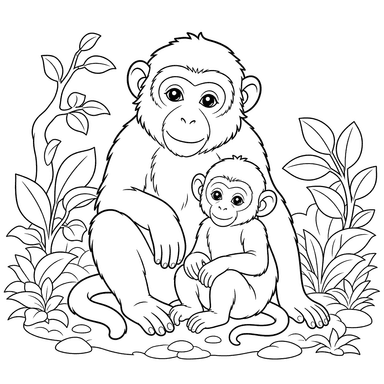 Macaco jovem junto à mãe — página para colorir