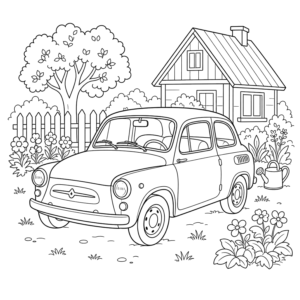 Zaporozhets perto de uma datcha — desenho para colorir