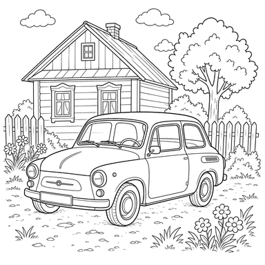 Zaporozhets frente a una casa de campo — dibujo para colorear