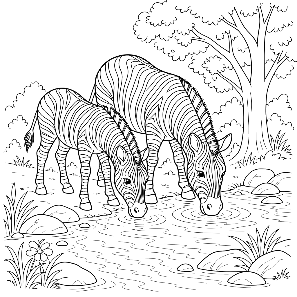 Ausmalbild Zebras am Bach