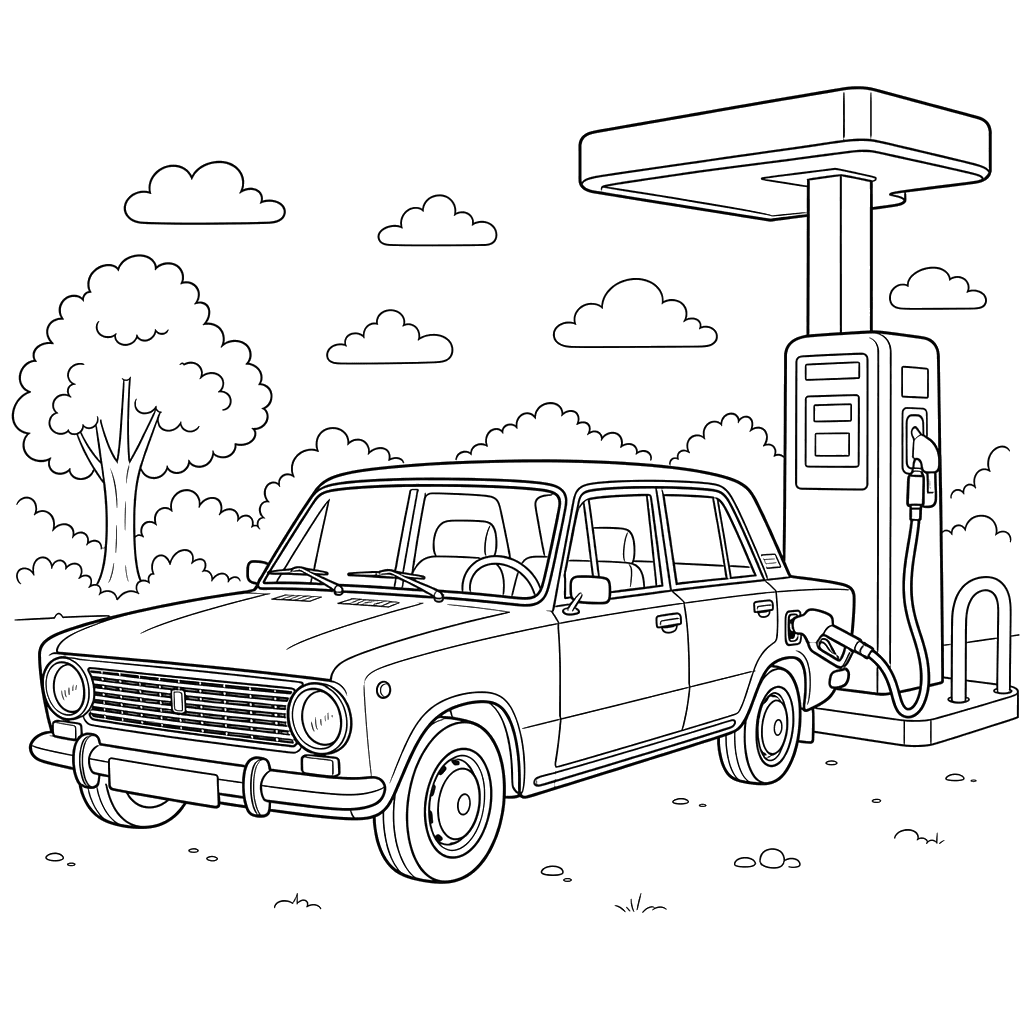 Desenho para colorir: um Zhiguli no posto de gasolina