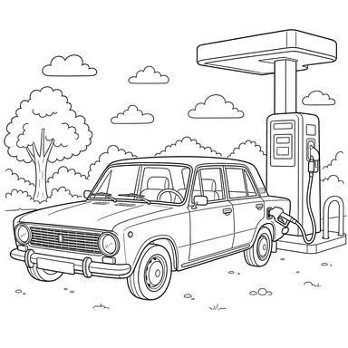 Ausmalbild: Zhiguli an der Tankstelle