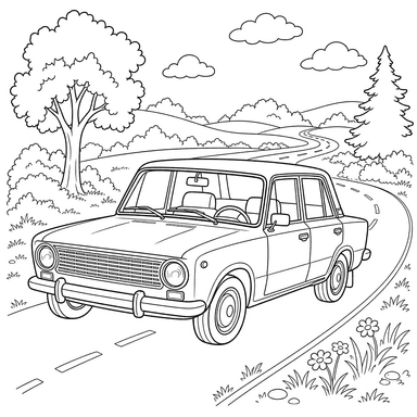 Desenho para colorir: um Zhiguli em uma estrada rural