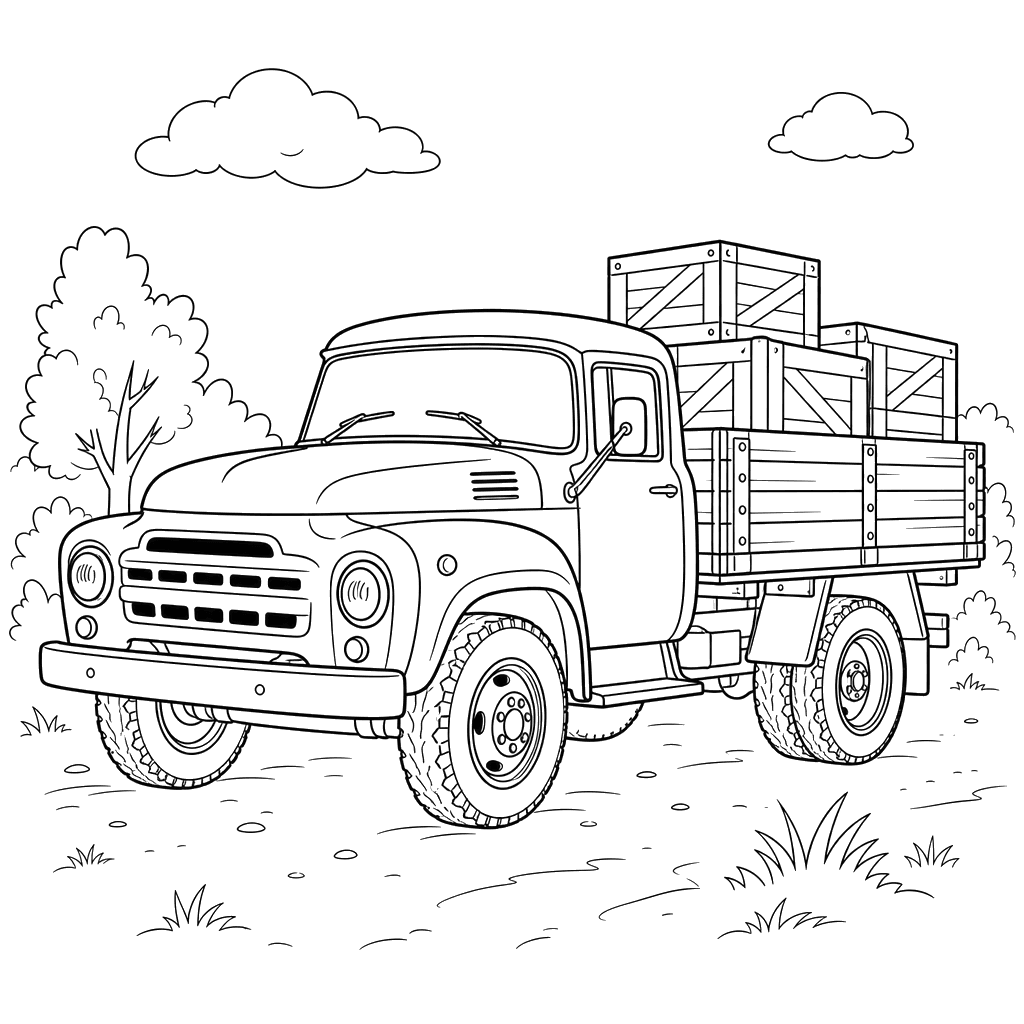 Ausmalbild: ZIL‑Lkw transportiert Kisten