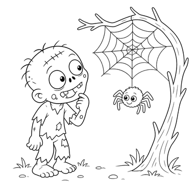 Ausmalbild Niedlicher Zombie und Spinne