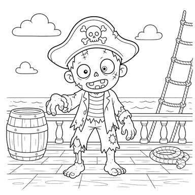 Freundlicher Zombie-Pirat auf dem Deck Ausmalbild