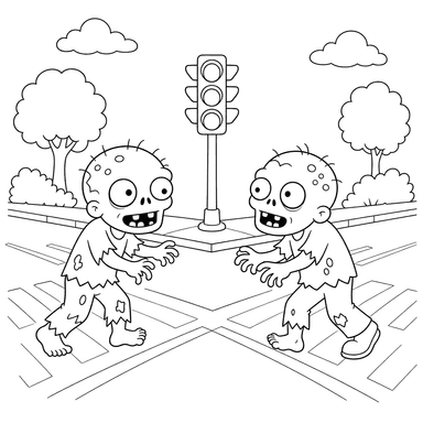Ausmalbild Freundliche Zombies an der Kreuzung