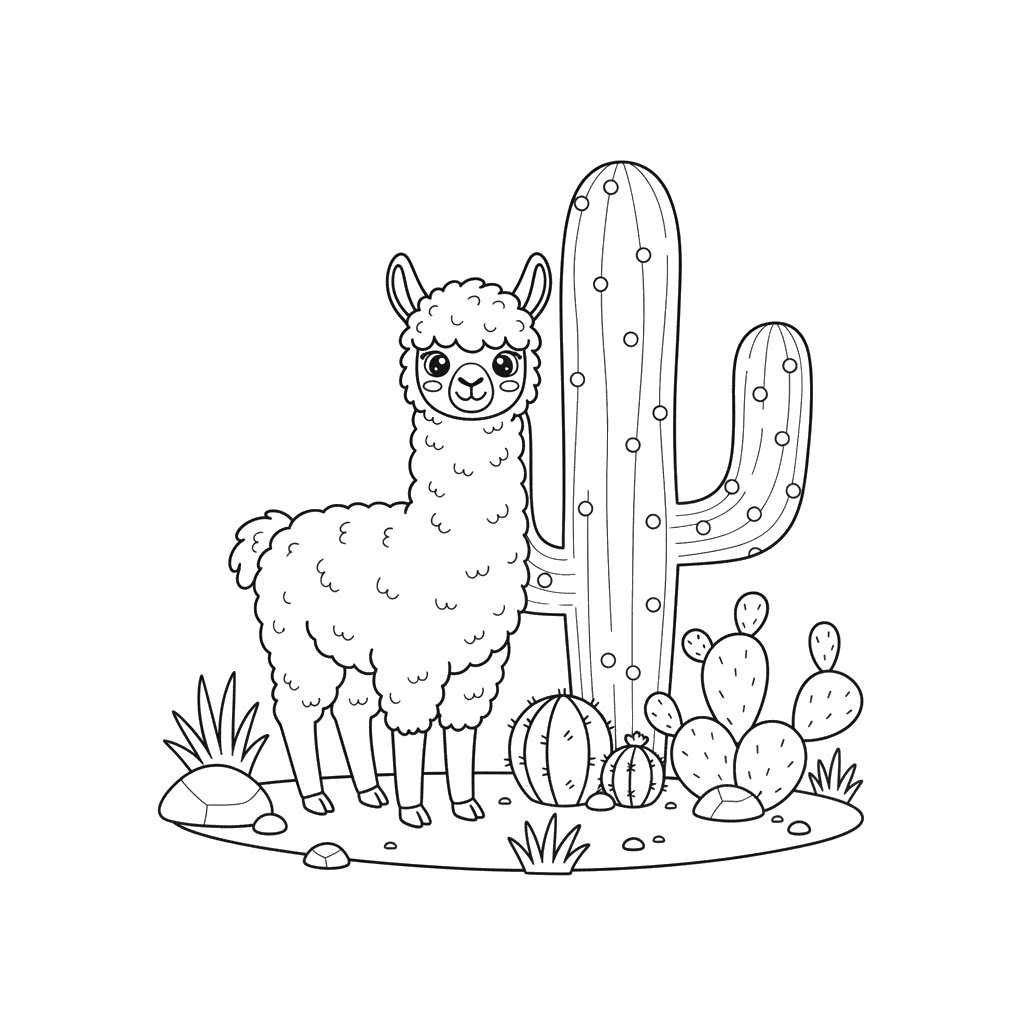 Coloriage Alpaga et cactus