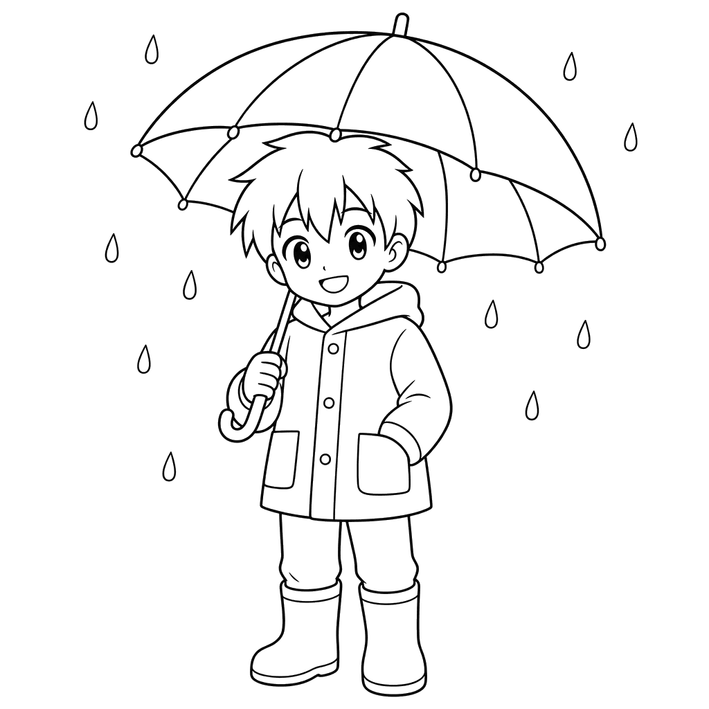 Chico anime con paraguas — dibujo para colorear