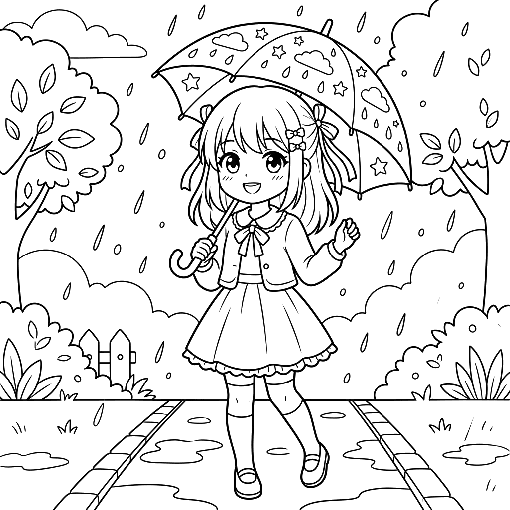 Dibujo para Colorear Niña Anime con Paraguas