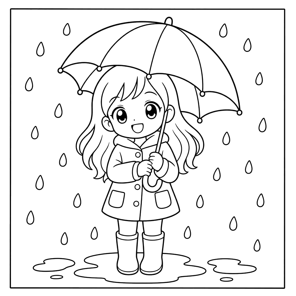Niña anime con paraguas — dibujo para colorear