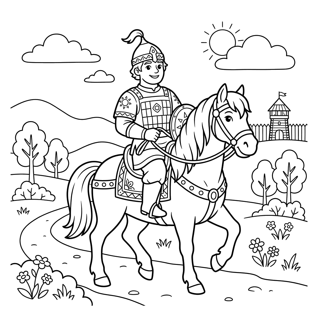 Ausmalbild Bogatyr auf einem mächtigen Pferd