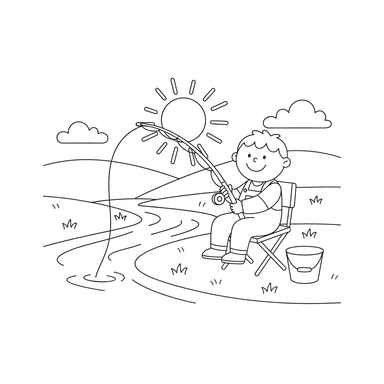 Coloriage Enfant Pêcheur au Bord de la Rivière
