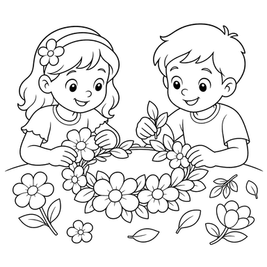 Kinder machen einen Blumenkranz am Tisch – Ausmalbild