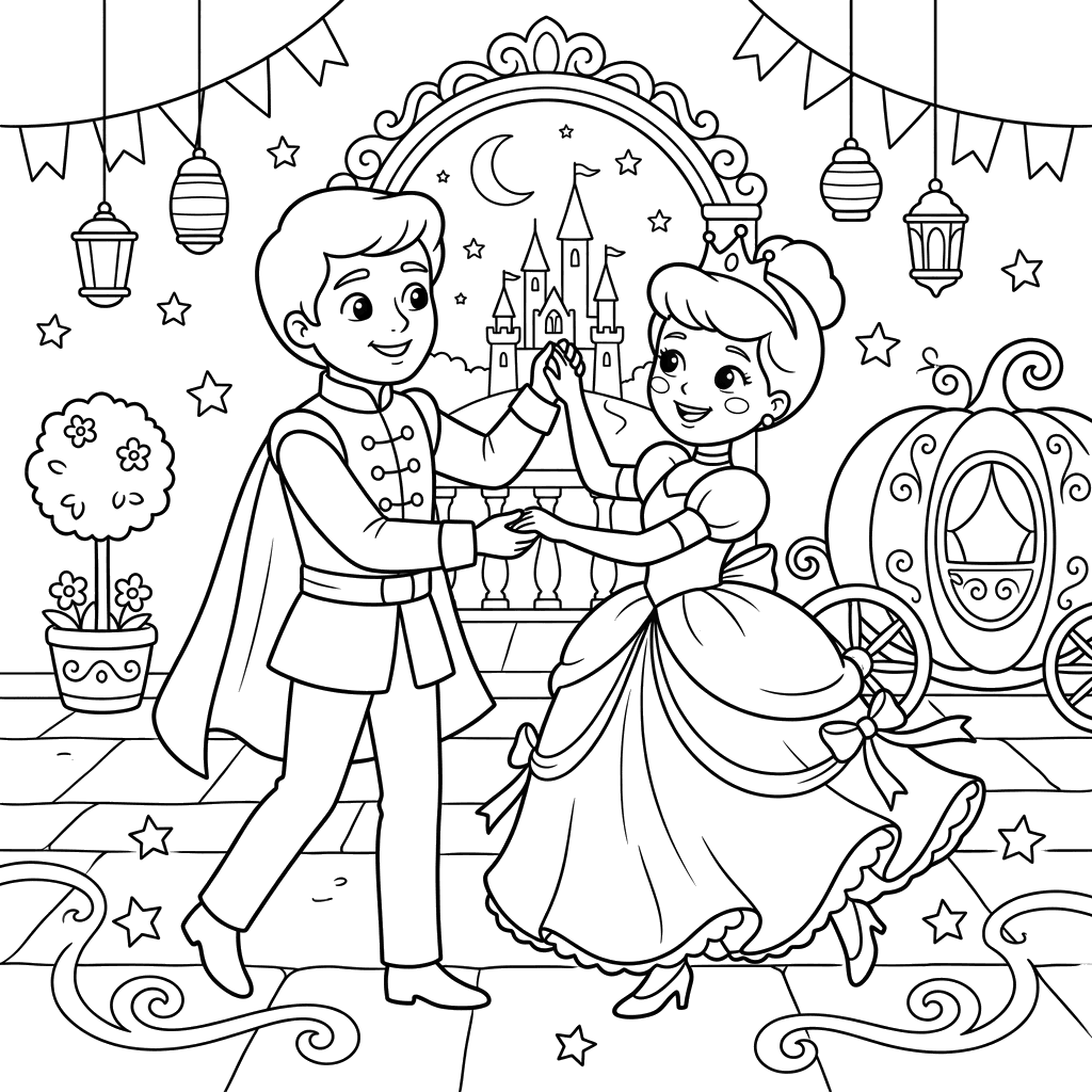 Coloriage Cendrillon et le Prince dansent