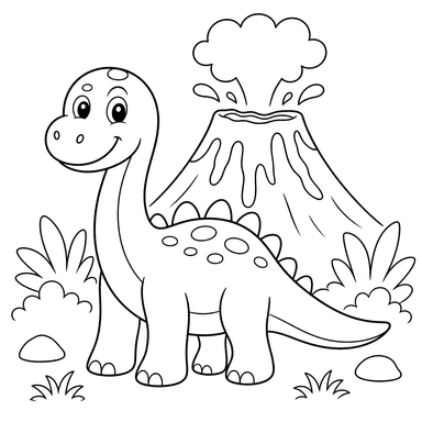 Dinossauro em frente ao vulcão — Desenho para colorir
