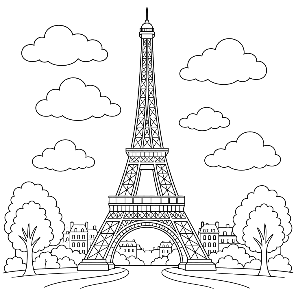 Dibujo para colorear de la Torre Eiffel con nubes