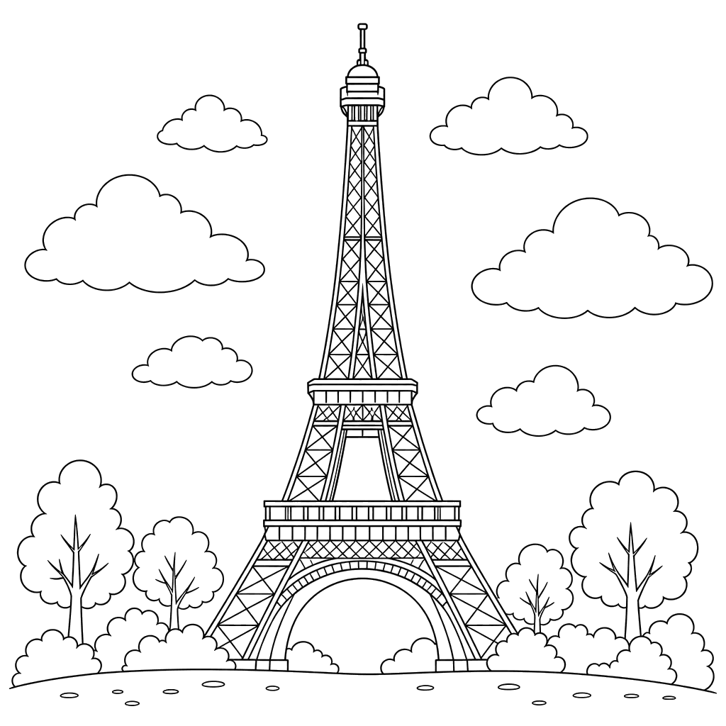 Coloriage de la Tour Eiffel dans les nuages