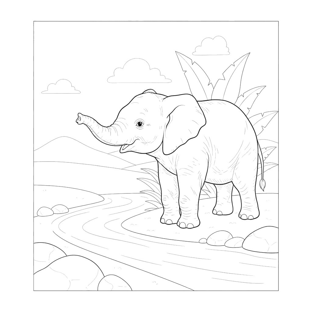 Elefant trinkt Wasser Ausmalbild