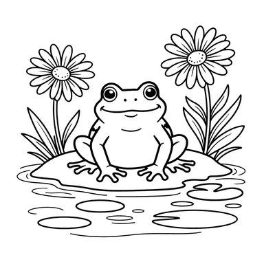 Grenouille près de l’étang et marguerites – coloriage