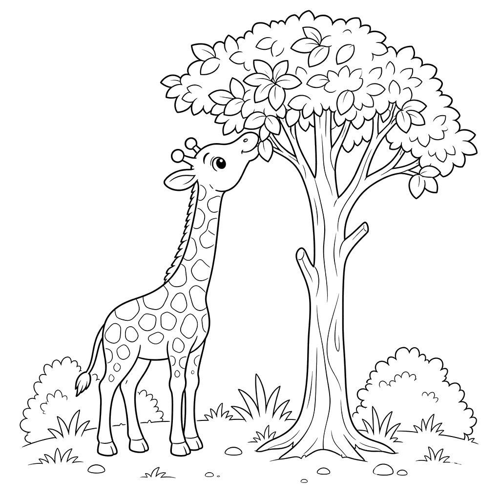 Dibujo para colorear de jirafa comiendo hojas