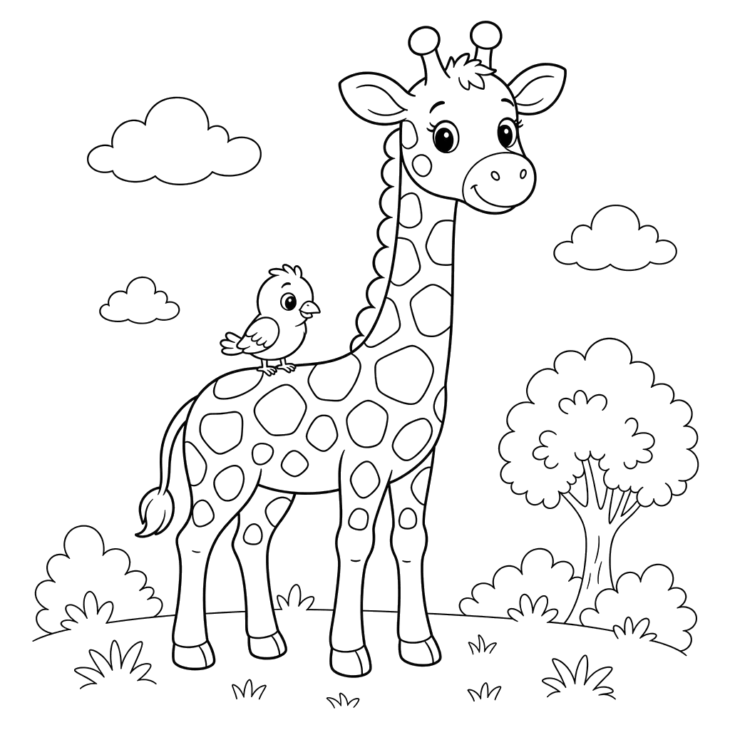 Dibujo de Jirafa y Pajarito para colorear