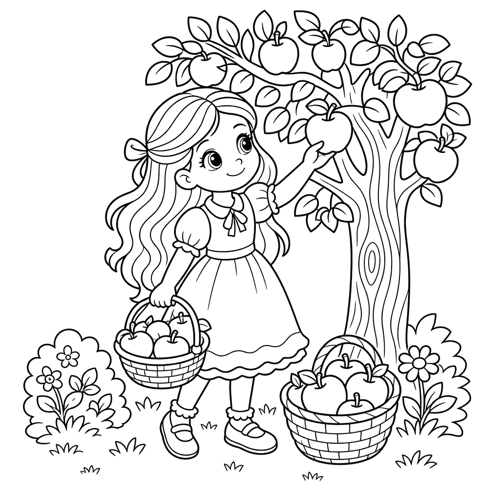 Fille cueille des pommes — Coloriage