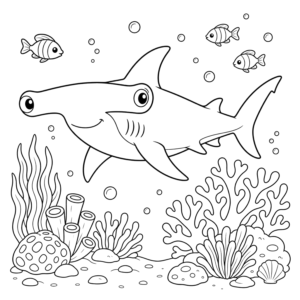 Hammerhead Shark and Corals Coloring Page