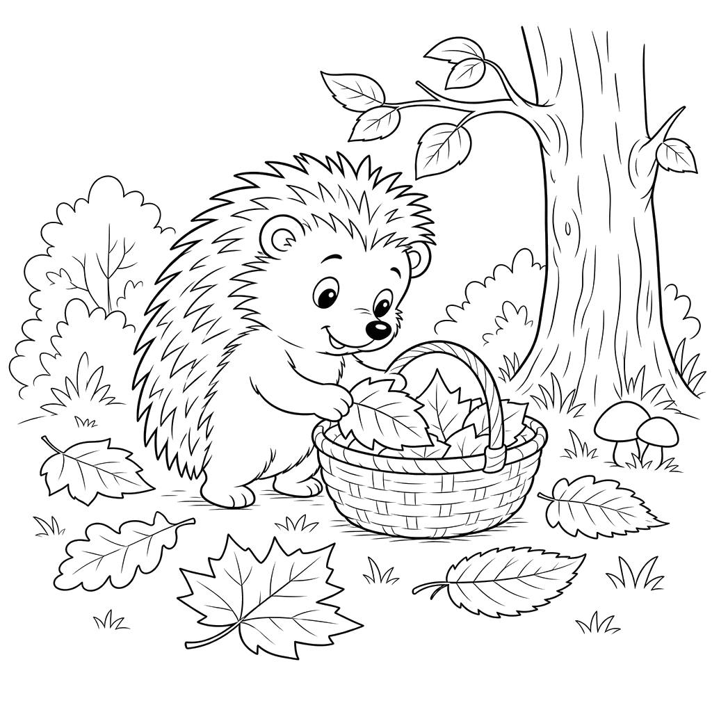 Ausmalbild Igel sammelt Blätter