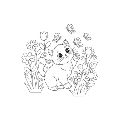 Coloriage Adorable Chaton dans un Jardin aux Papillons