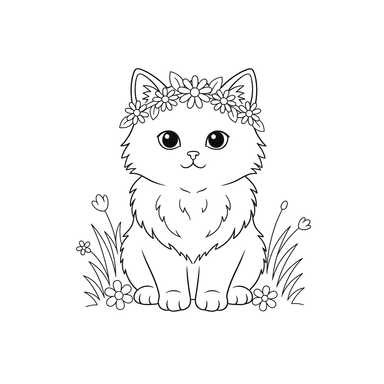Coloriage : Chaton avec une Couronne de Fleurs