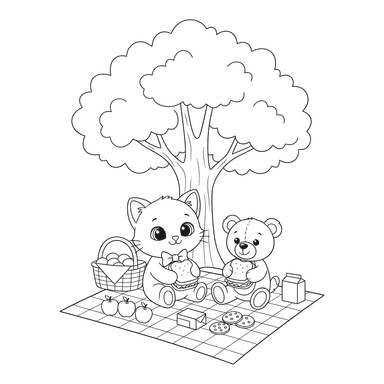 Coloriage Chatton Pique-nique avec un Ourson