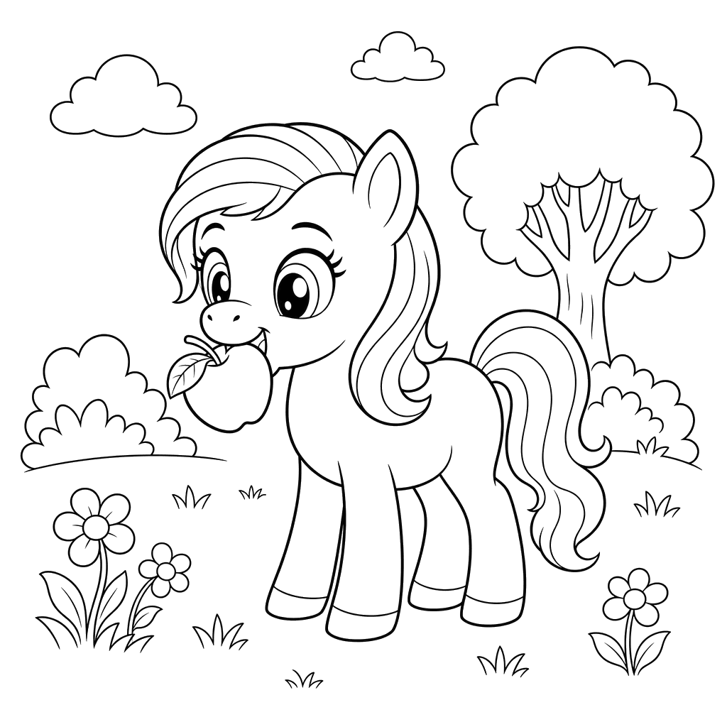 Ausmalbild Pony frisst Apfel
