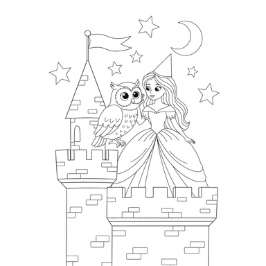 Dibujo para colorear Princesa y Búho mirando estrellas