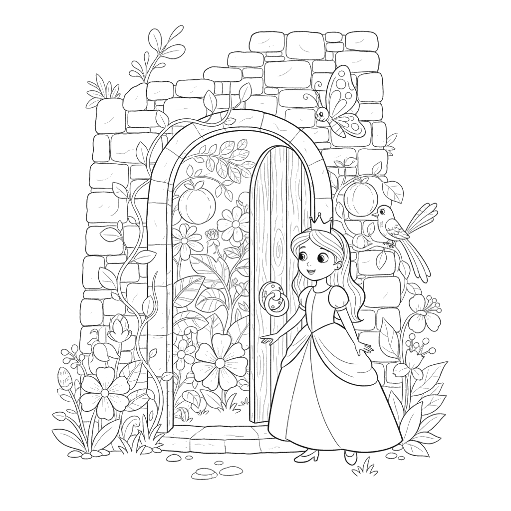 Dibujo para Colorear: Princesa y Jardín Secreto en la Torre