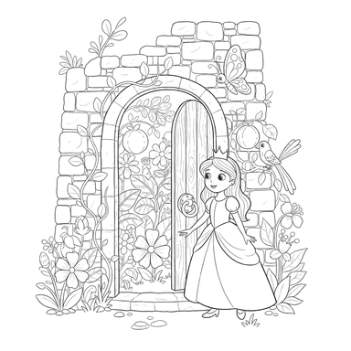 Dibujo para Colorear: Princesa y Jardín Secreto en la Torre