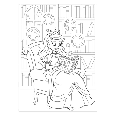 Prinzessin liest Zauberbuch Ausmalbild