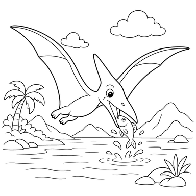 Pterodáctilo pescando na baía — página para colorir