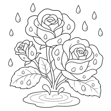 Rosen im Regen mit kleiner Pfütze – Ausmalbild