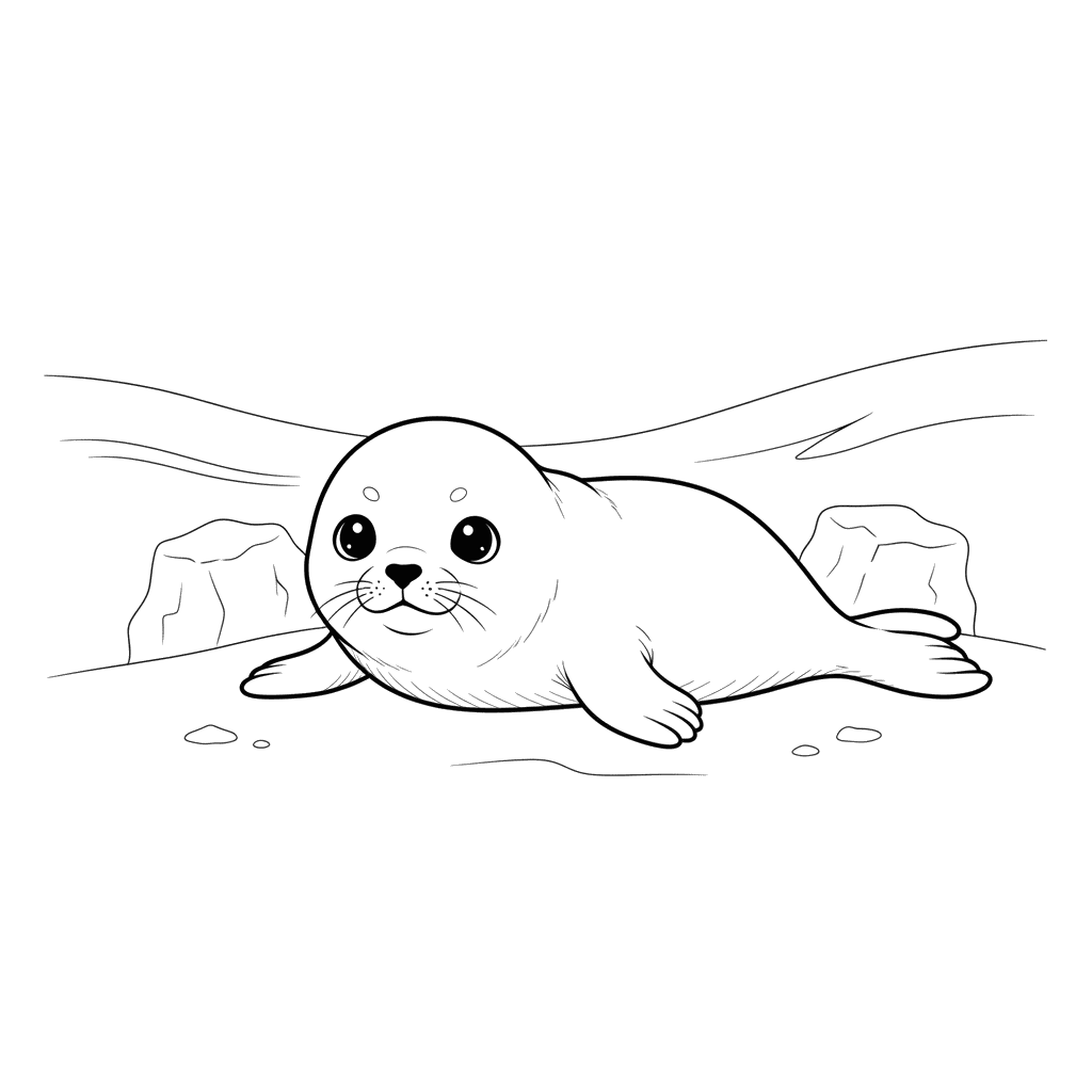Ausmalbild: Robbenbaby im Schnee