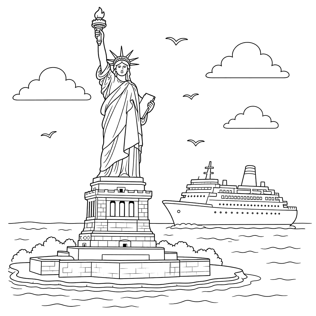 Dibujo para colorear de la Estatua de la Libertad con barco